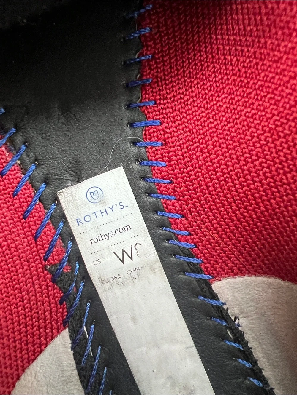 Rothy's Red Pointed Knit Flats with Blue Trim